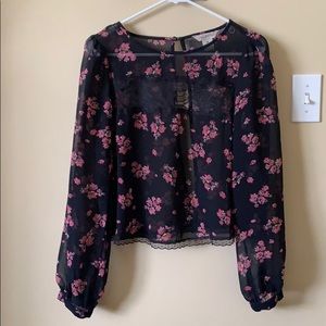 Sheer navy blouse with pink flowers